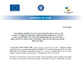 Inceperea proiectului “granturi pentru capital de lucru” acordate beneficiarilor imm-urilor cu activitatea economica in unul din domeniile de activitate prevazute in anexa nr 2 contract de finantare nr. M2-487 din 14.01.2021 Catalyst comunicat incepere proiect