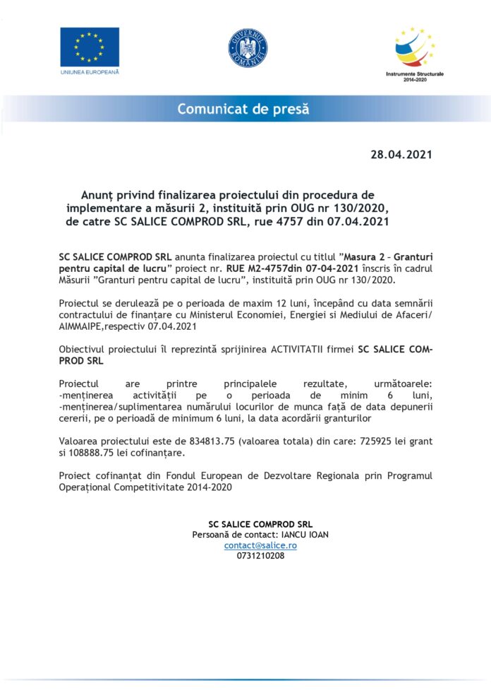Anunt finalizare proiect SALICE COMPROD SRL