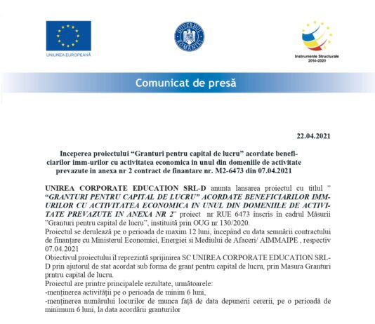 Anunt incepere proiect Unirea Corporate Education