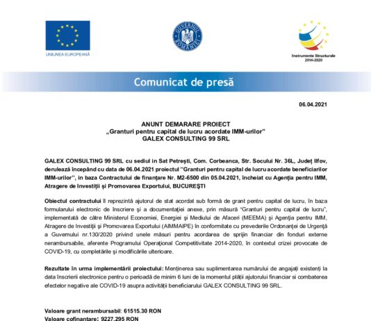 Anunt demarare proiect „Granturi pentru capital de lucru acordate IMM-urilor” GALEX CONSULTING 99 SRL