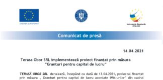 Terasa Obor SRL implementează proiect finanțat prin măsura ”Granturi pentru capital de lucru”