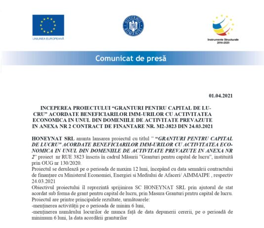 INCEPEREA PROIECTULUI “GRANTURI PENTRU CAPITAL DE LUCRU” ACORDATE BENEFICIARILOR IMM-URILOR CU ACTIVI-TATEA ECONOMICA IN UNUL DIN DOMENIILE DE ACTIVITATE PREVAZUTE IN ANEXA NR 2 CONTRACT DE FINANTARE NR. M2-3823 DIN 24.03.2021