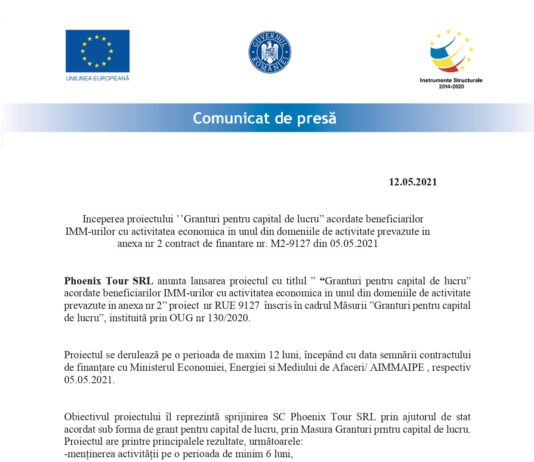 Anunt incepere proiect granturi capital de lucru Phoenix Tour