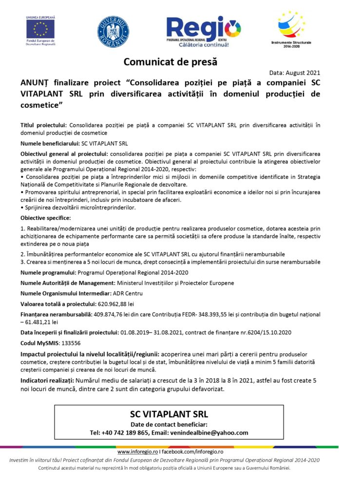 Comunicat de presa - finalizare proiect Vitaplant SRL