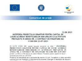 Anunt incepere proiect Granturi pentru capital de lucru IN LOVE EXIM SRL