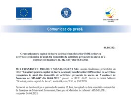 Anunt finalizare proiect Granturi pentru capital de lucru POT CONSTRUCT PROJECT MANAGEMENT SRL