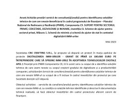 Anunț Achiziție prestări servicii de consultanță/analiză pentru identificarea soluțiilor tehnice CNC CRAFTING