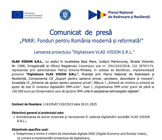 Comunicat de Presa PNRR : Digitalizare VLAD VISION S.R.L.