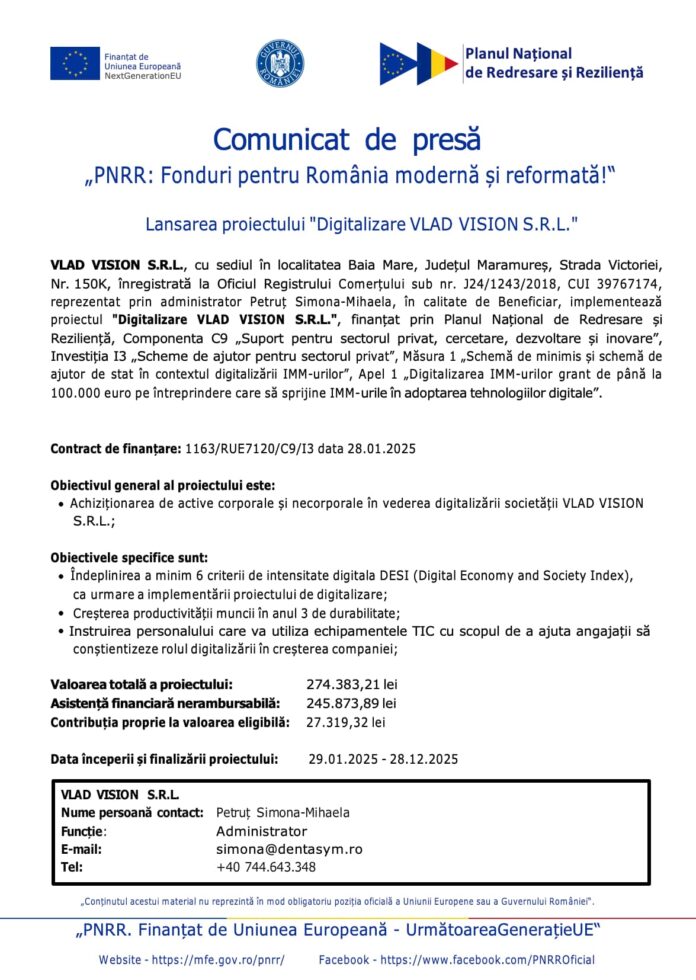 Comunicat de Presa PNRR : Digitalizare VLAD VISION S.R.L.