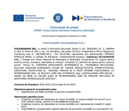 Comunicat de presă pnrr digitalizare volksgarage srl