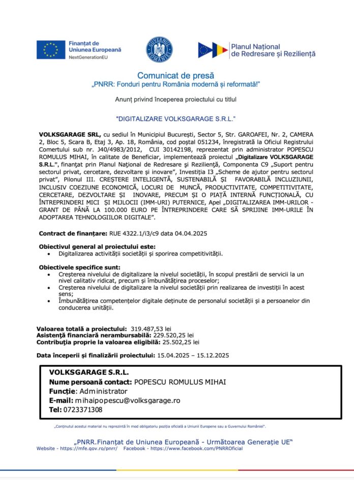 Comunicat de presă pnrr digitalizare volksgarage srl