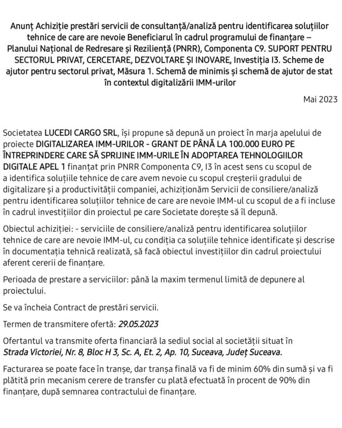 anunt achizitie Lucedi cargo