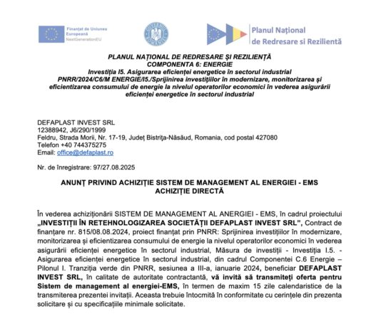 Anunt achizitii defaplast invest