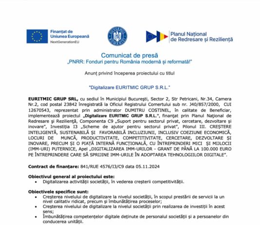 Comunicat de Presa PNRR : Digitalizare EURITMIC GRUP SRL Comunicat de presa digitalizare euritmic grup