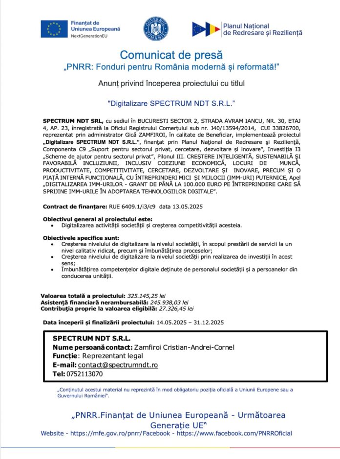Comunicat de presa lansare proiect SPECTRUM NDT