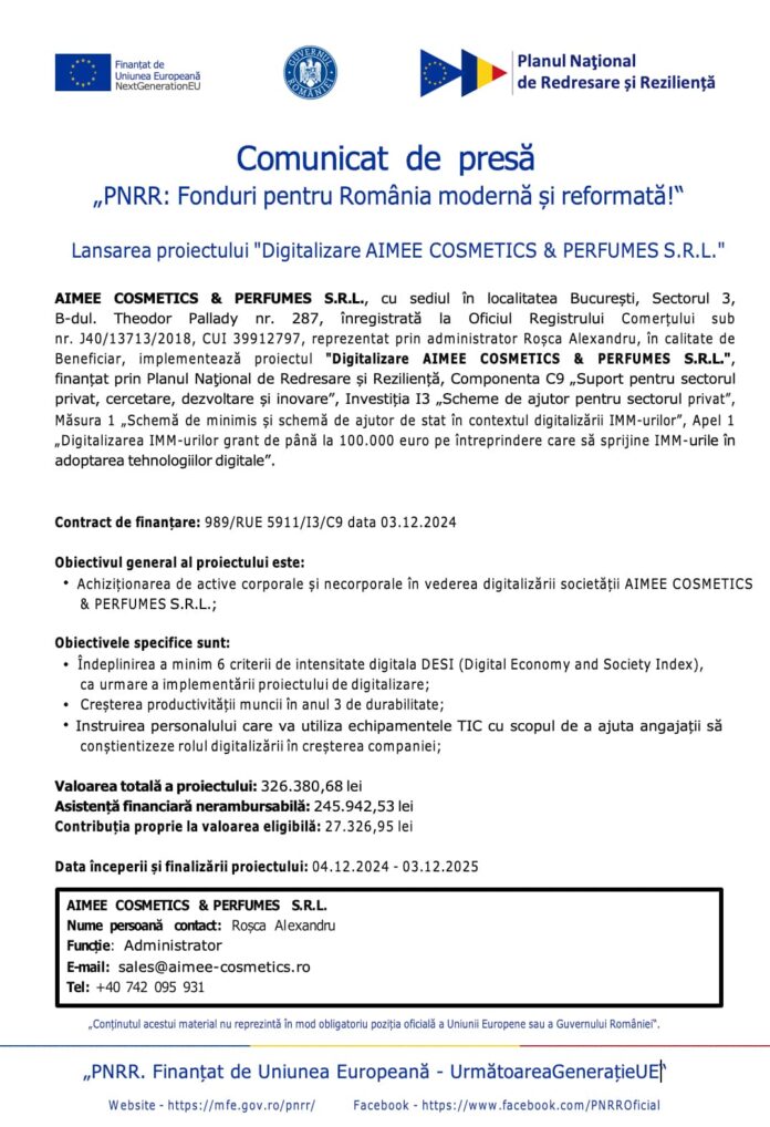 Comunicat de presa pnrr digitalizare aimee cosmetics perfumes Comunicat de presa pnrr digitalizare aimee cosmetics perfumes