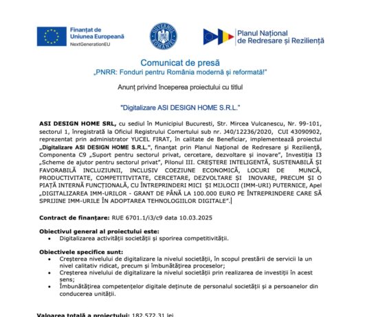 Comunicat de Presa PNRR : Digitalizare ASI DESIGN HOME Comunicat de presa pnrr - digitalizare asi design home
