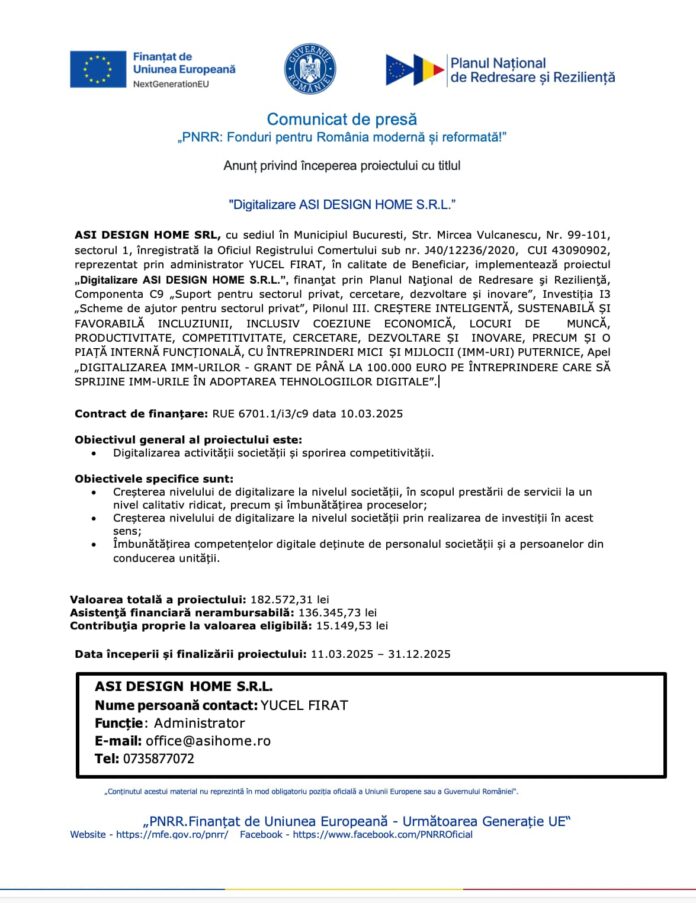 Comunicat de presa pnrr - digitalizare asi design home