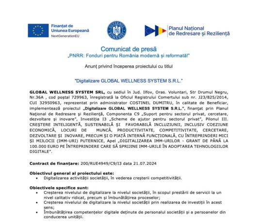 Comunicat de Presa PNRR : Digitalizare GLOBAL WELLNESS SYSTEM SRL Comunicat de presa pnrr - digitalizare global wellness system