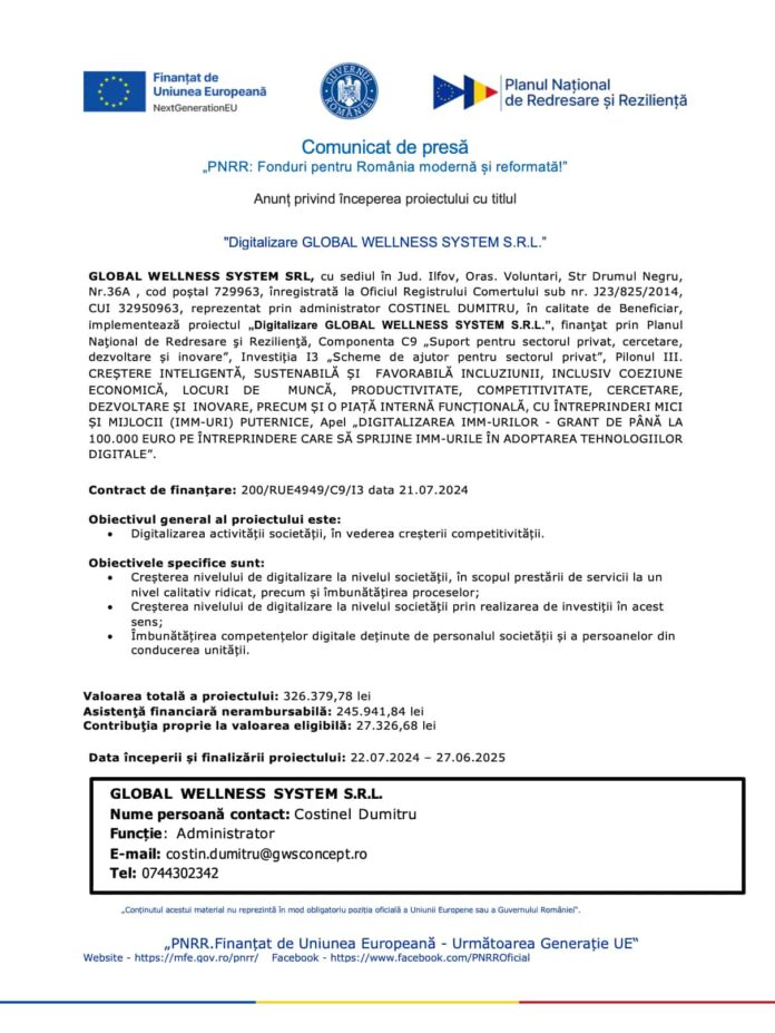 Comunicat de presa pnrr - digitalizare global wellness system