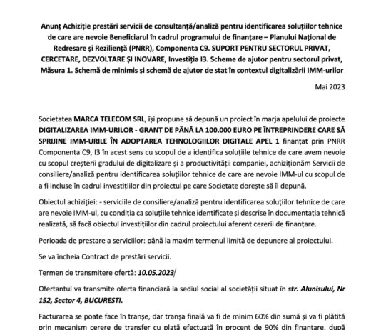 Anunț Achiziție prestări servicii de consultanță/analiză MARCA TELECOM Marca telecom achizitie