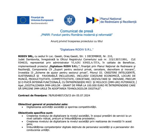 Comunicat de presa PNRR: incepere proiect Digitalizare RODIV SRL Rodiv pnrr