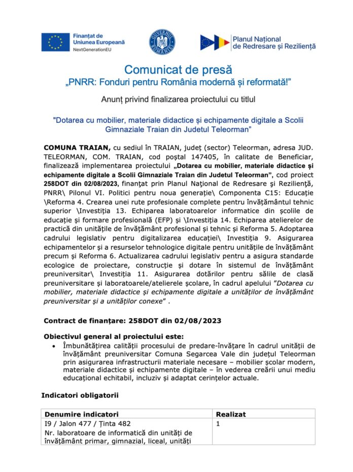 Comuna traian finalizare proiect