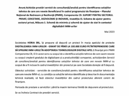 PNRR Anunț Achiziție prestări servicii de consultanță/analiză HORIA SRL Anunt PNRR Horia SRL