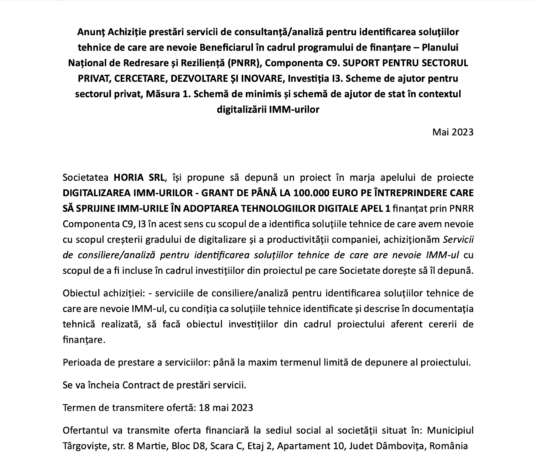 Anunt PNRR Horia SRL