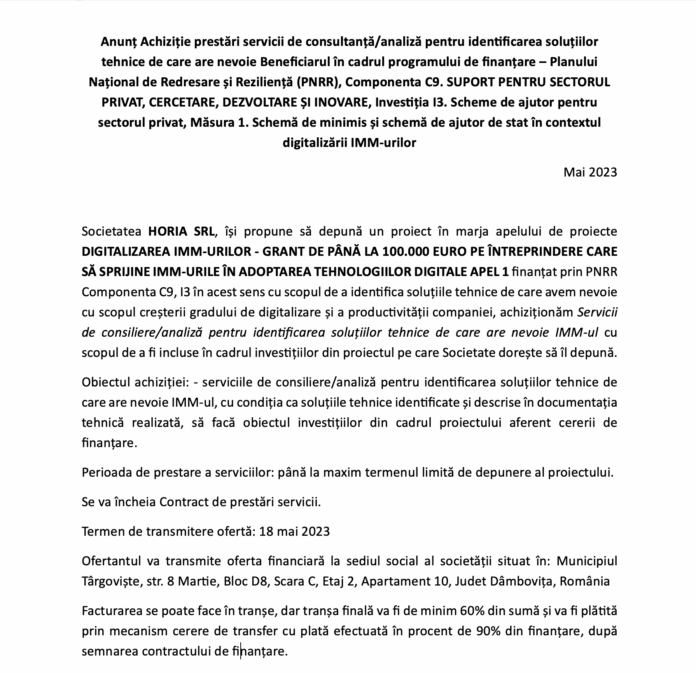 Anunt PNRR Horia SRL