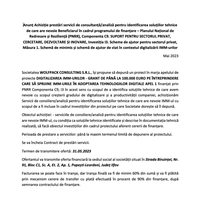 Anunt wolfpack consulting srl