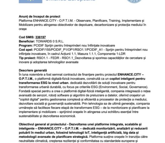 Comunicat incepere proiect towards 0 srl