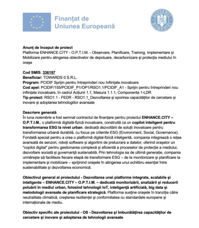 Comunicat incepere proiect towards 0 srl