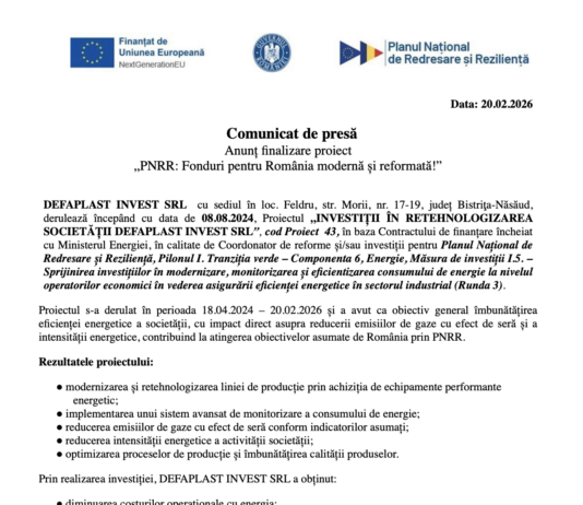 Investiții în retehnologizarea societății defaplast invest srl