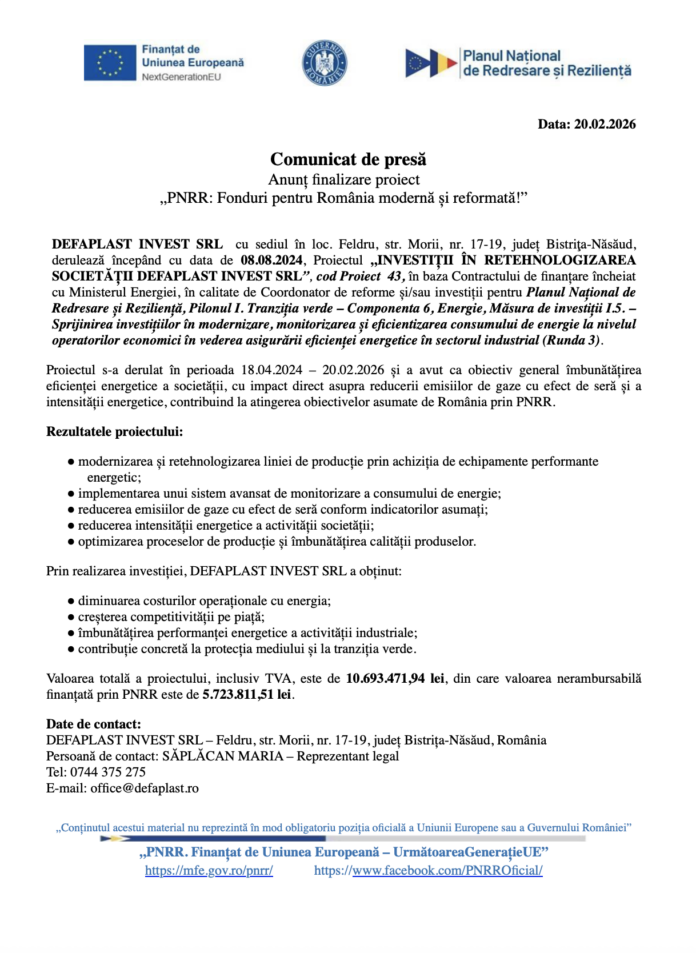 Investiții în retehnologizarea societății defaplast invest srl